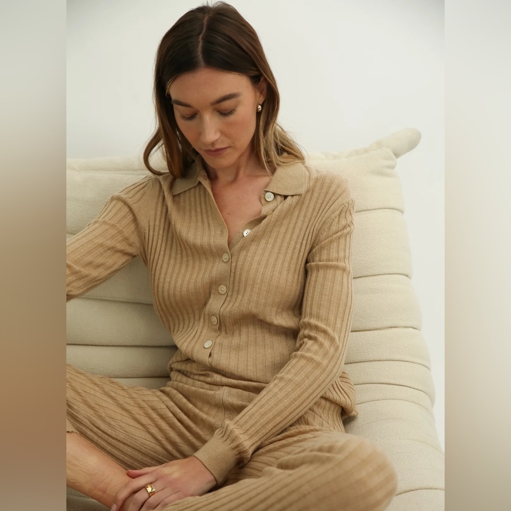 Almina Concept Beige Tan Ribbed Polo Sweater Button Up Shirt Top size Small